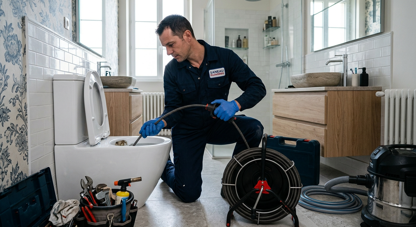 Plombier débouchant des WC avec un furet électrique à Bordeaux